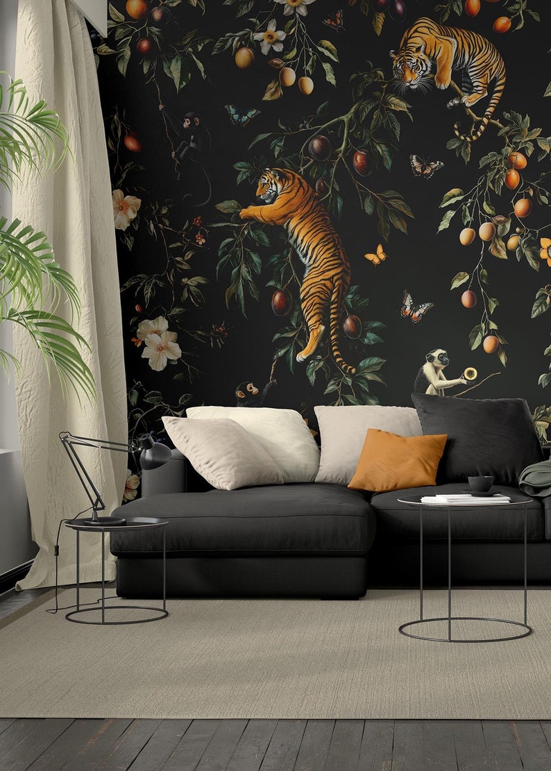 Dark botanical Tigers and monkeys Wallpaper, exotic Tropical Jungle - Butterflies