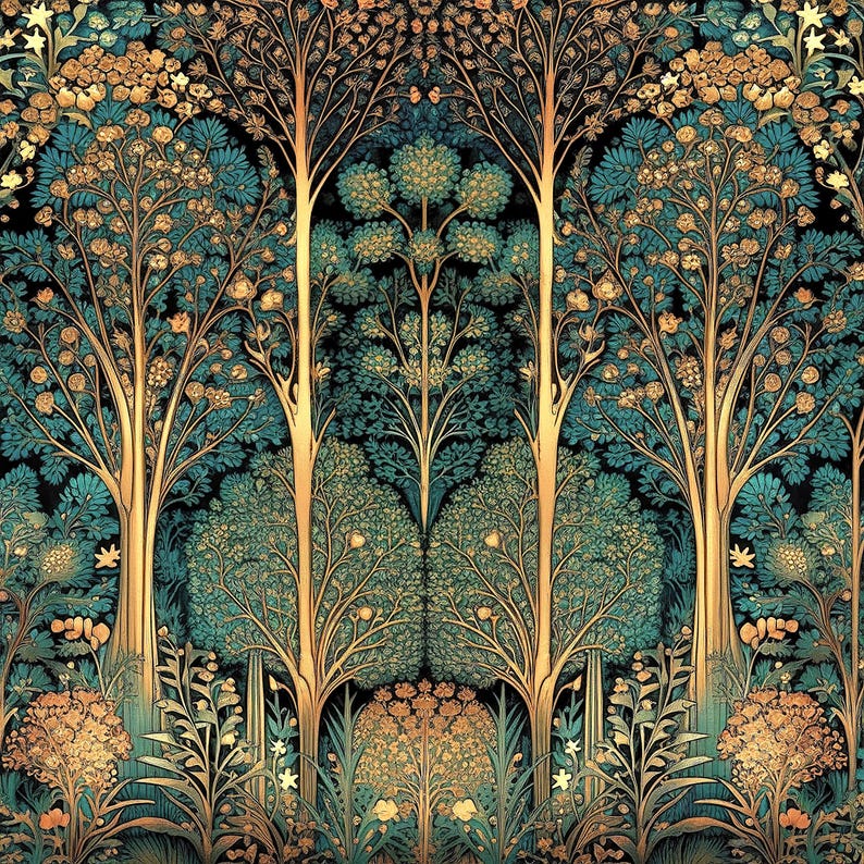 8 Boho Forest Whimsical Digital Patterns, Great Gatsby Wallpaper, New Cottage Core, Fairy Tale Design